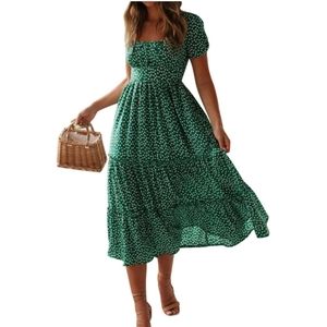 Bright Green Short Sleeve Summer Midi Swing Dress💚🤍
